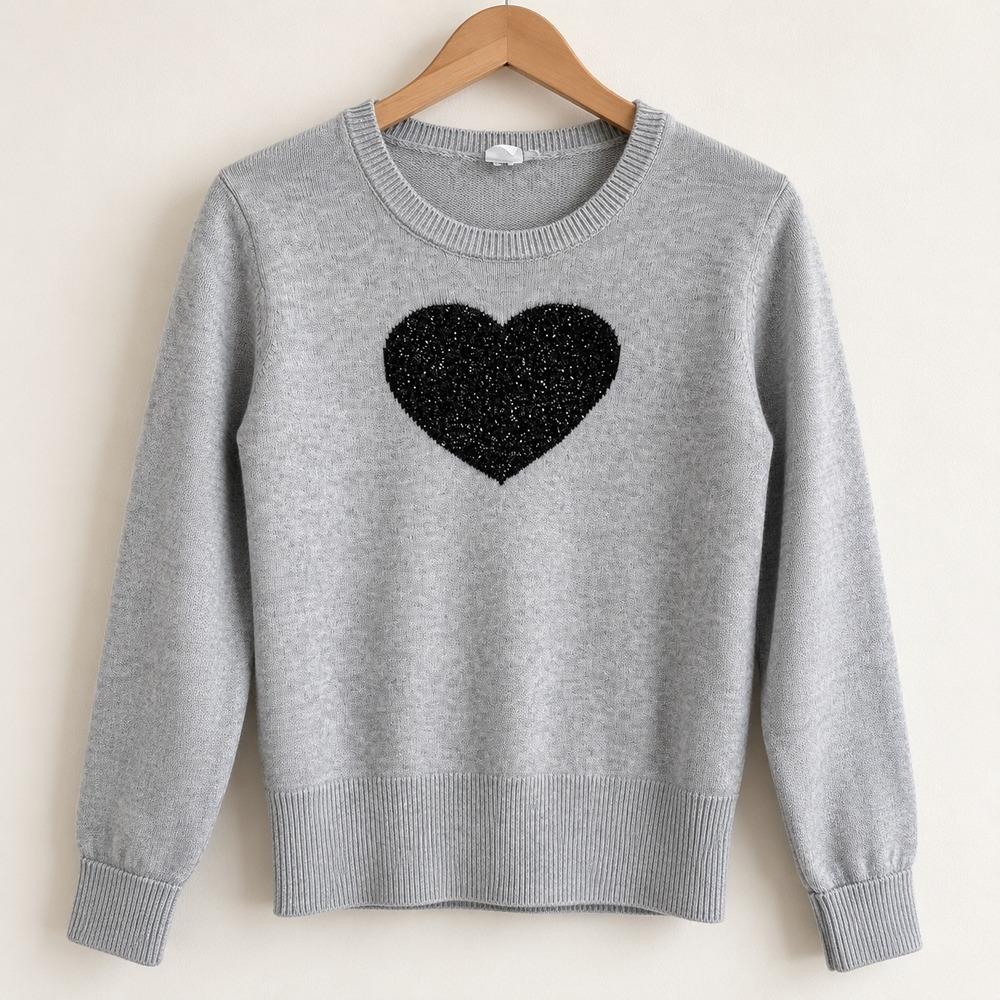 Gap Womens Gray Glitter Heart Crewneck Sweater Long Sleeve Cotton Pullover Small